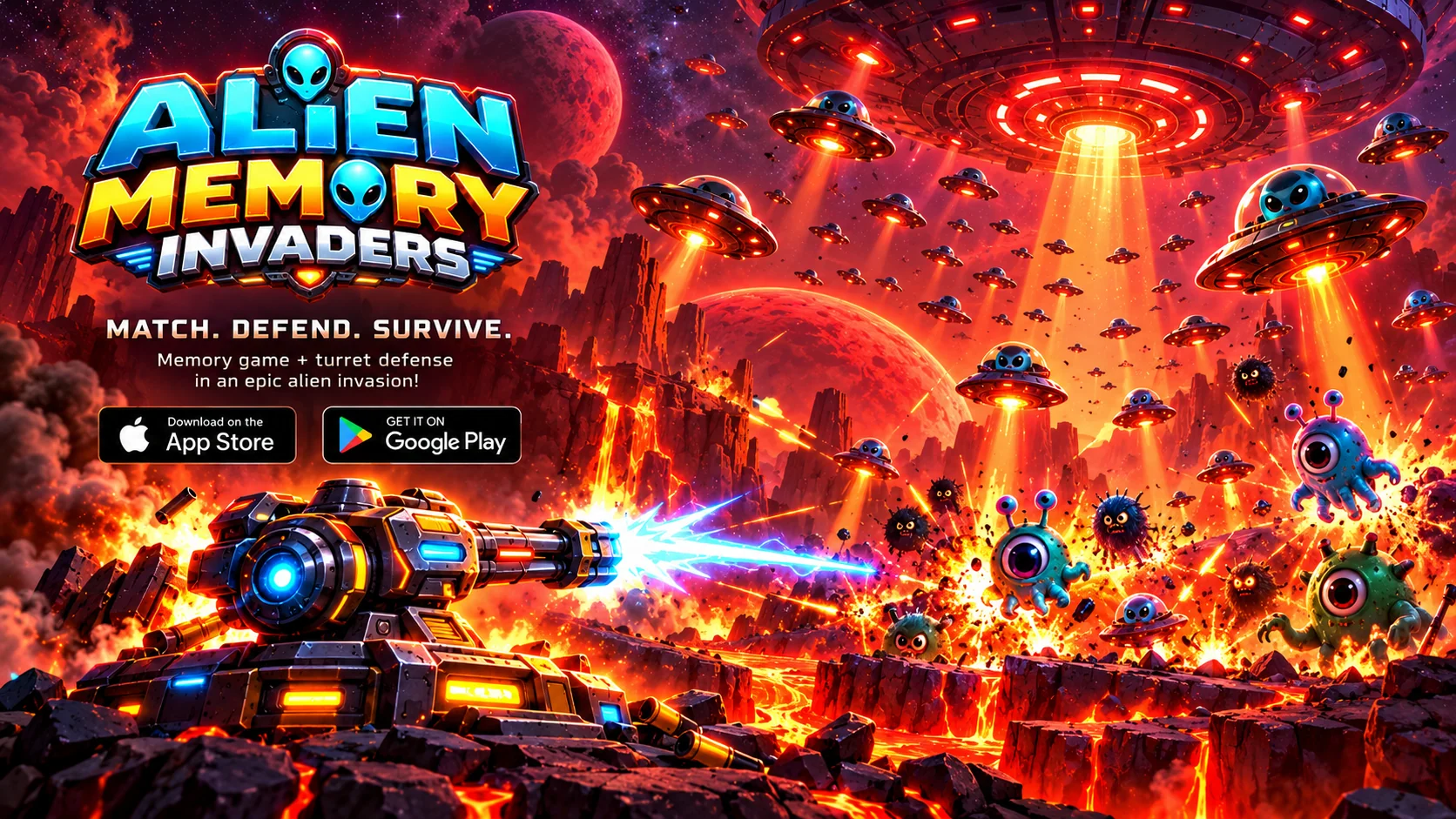 Alien Memory Invaders: cannon defending a fiery alien planet against a giant mothership and UFO fleet