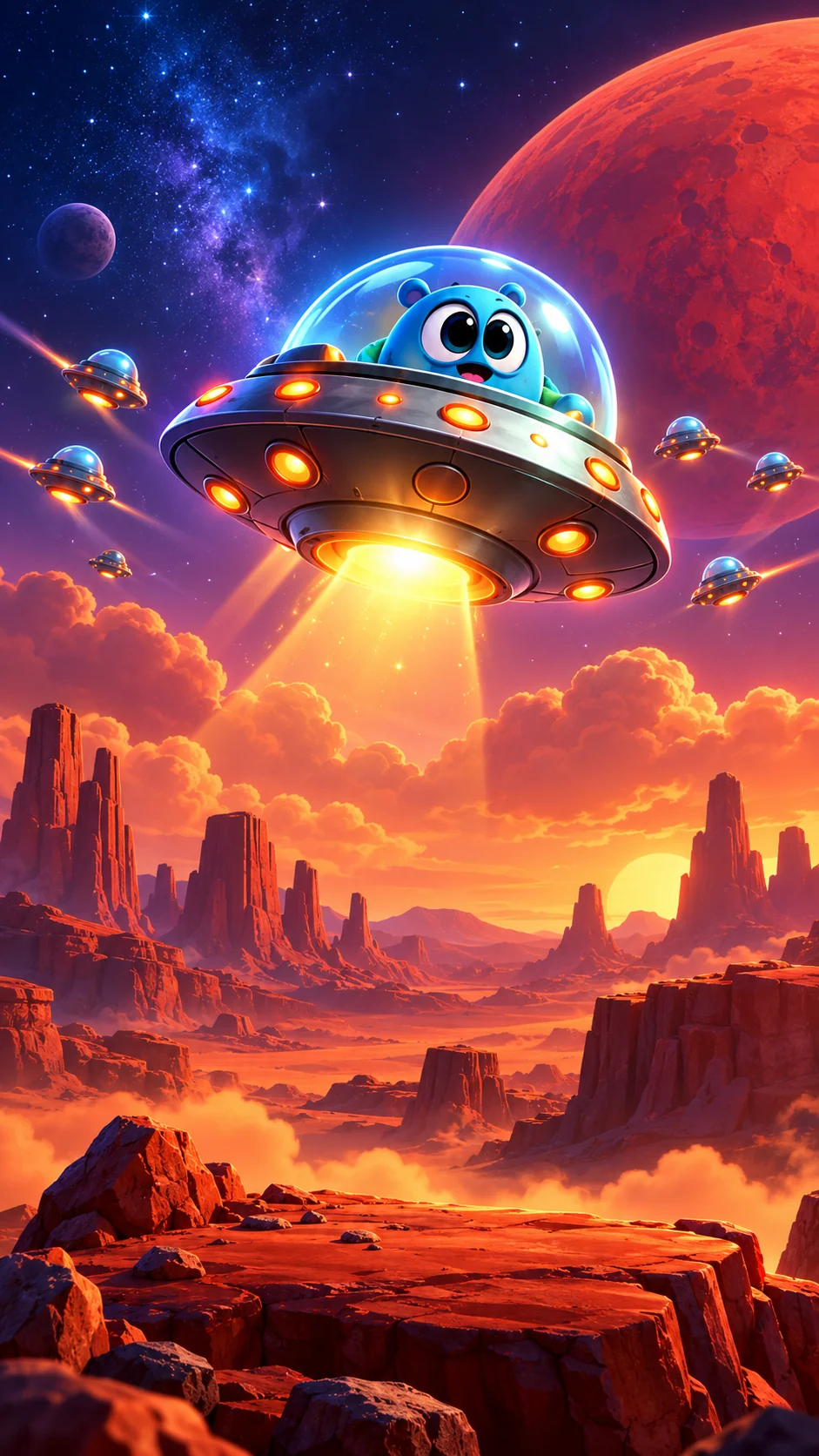 Blue alien piloting a UFO over the Martian desert